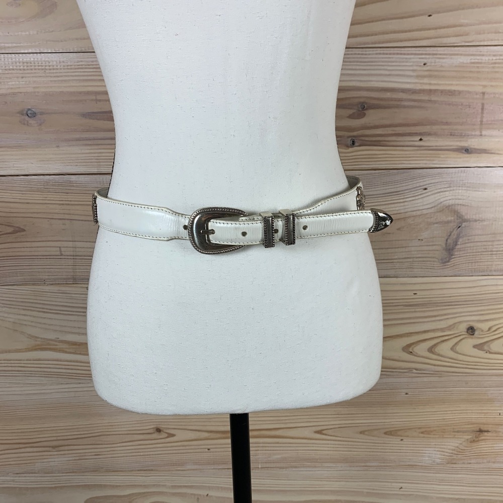 Fossil Belt Women Medium White Vintage Western Cross Concho Leather Cowgirl